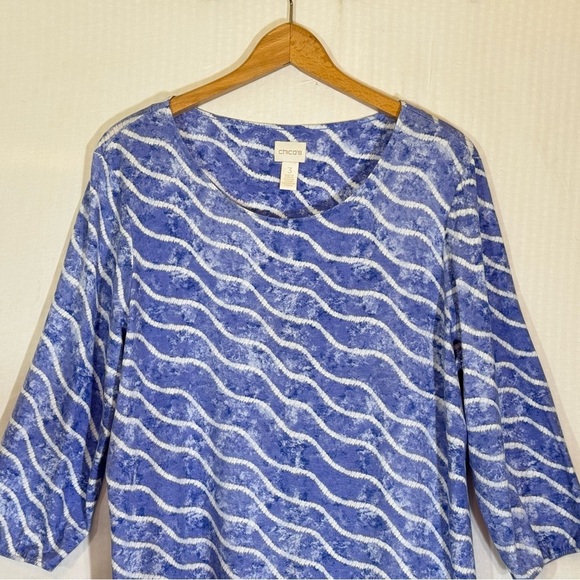 Chico’s Asymmetrical Tunic Blue White Wavy Print Size 3 XL Travel Coastal - Picture 2 of 10